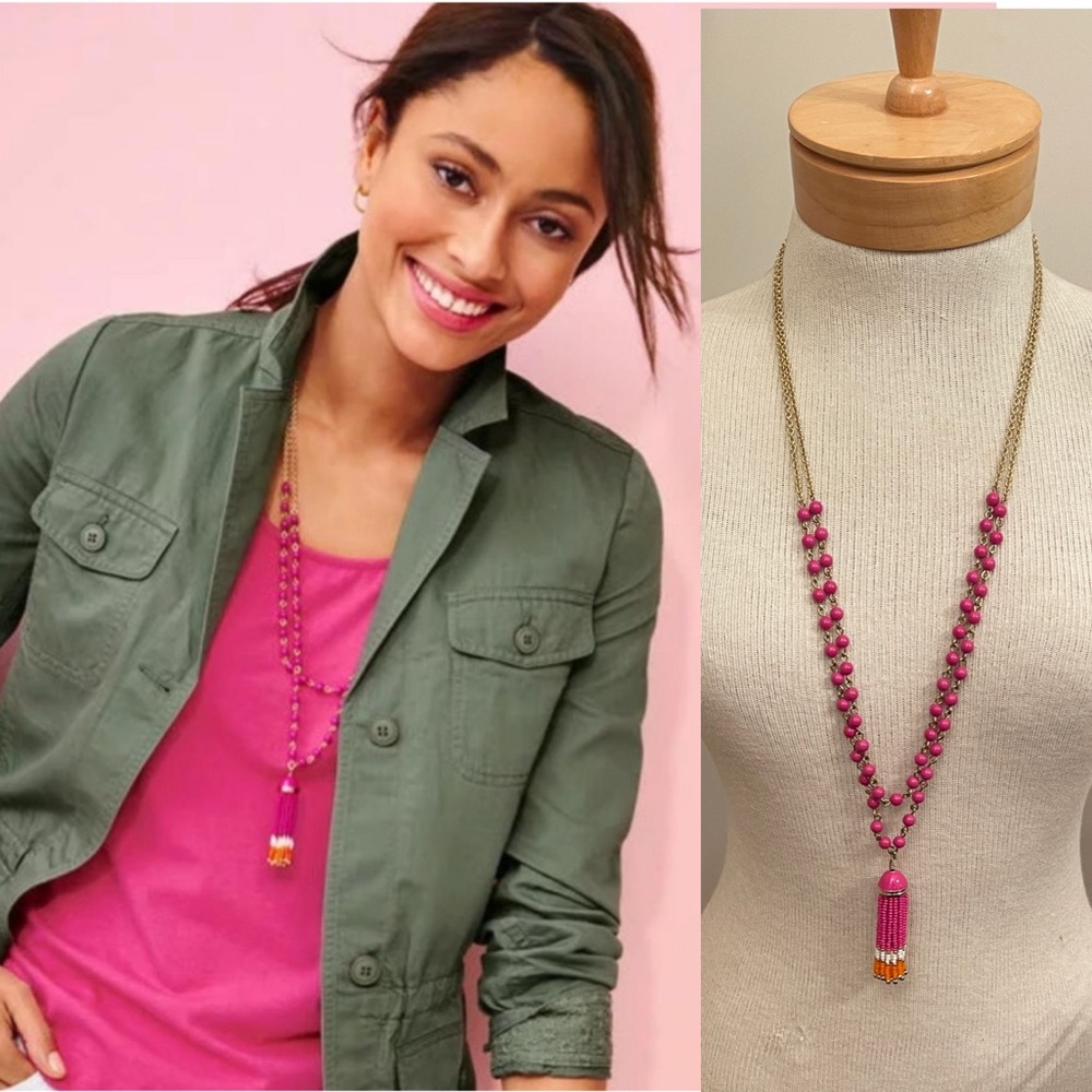 Talbots BEADED TASSEL NECKLACE Elegant Pink Beaded Necklace with Striped Tassel